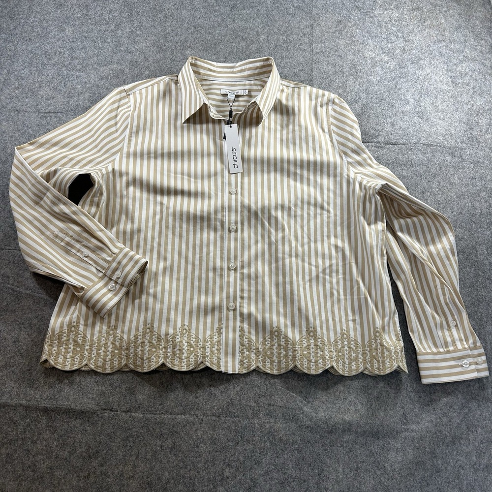 Chicos Shirt Womens 3 US 16 Non Iron Striped Button Down Scalloped Hem